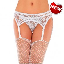 Leg Avenue 性感碎花蕾絲吊襪帶 配 丁字褲 - 白色