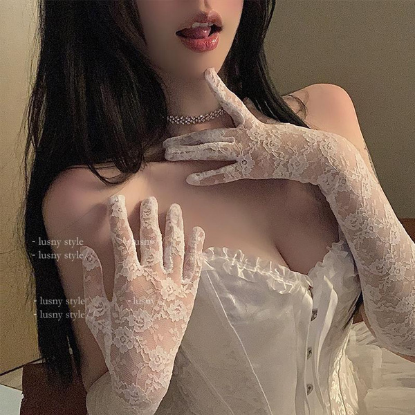 性感長蕾絲手套 - 白色