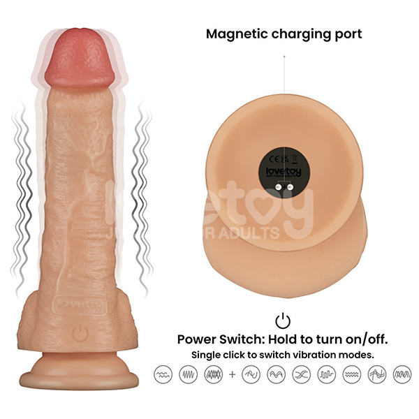 Lovetoy 8 inch Vibrating Power Basics Cock showing all vibrating mode and function